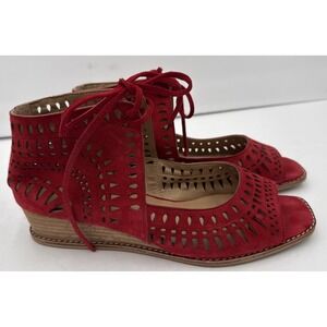 Vaneli Red suede laser-cut wedge sandals Lace Up Open Toe Shoes Boho Size 6.5